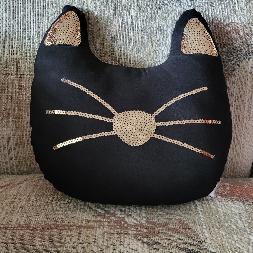 Black Cat Pillow with Gold Sequins 12" x 12" Whiskers Kitty
